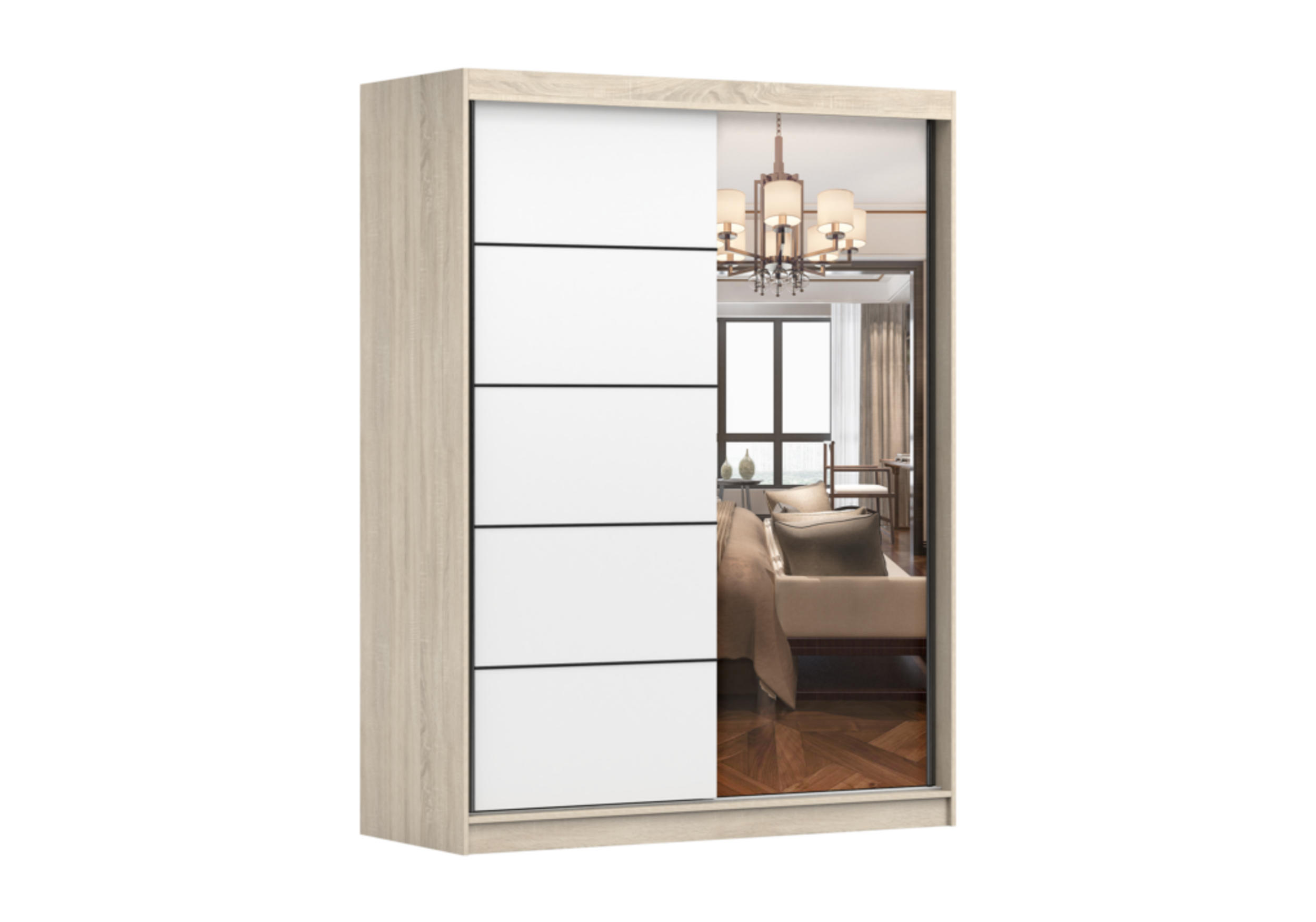 SCHIEBETÜRENSCHRANK - Kleiderschrank Lara 09 - Sonoma + Weiß - Weiß/Sonoma Eiche, Holzwerkstoff (150/200/61cm) - Möblo
