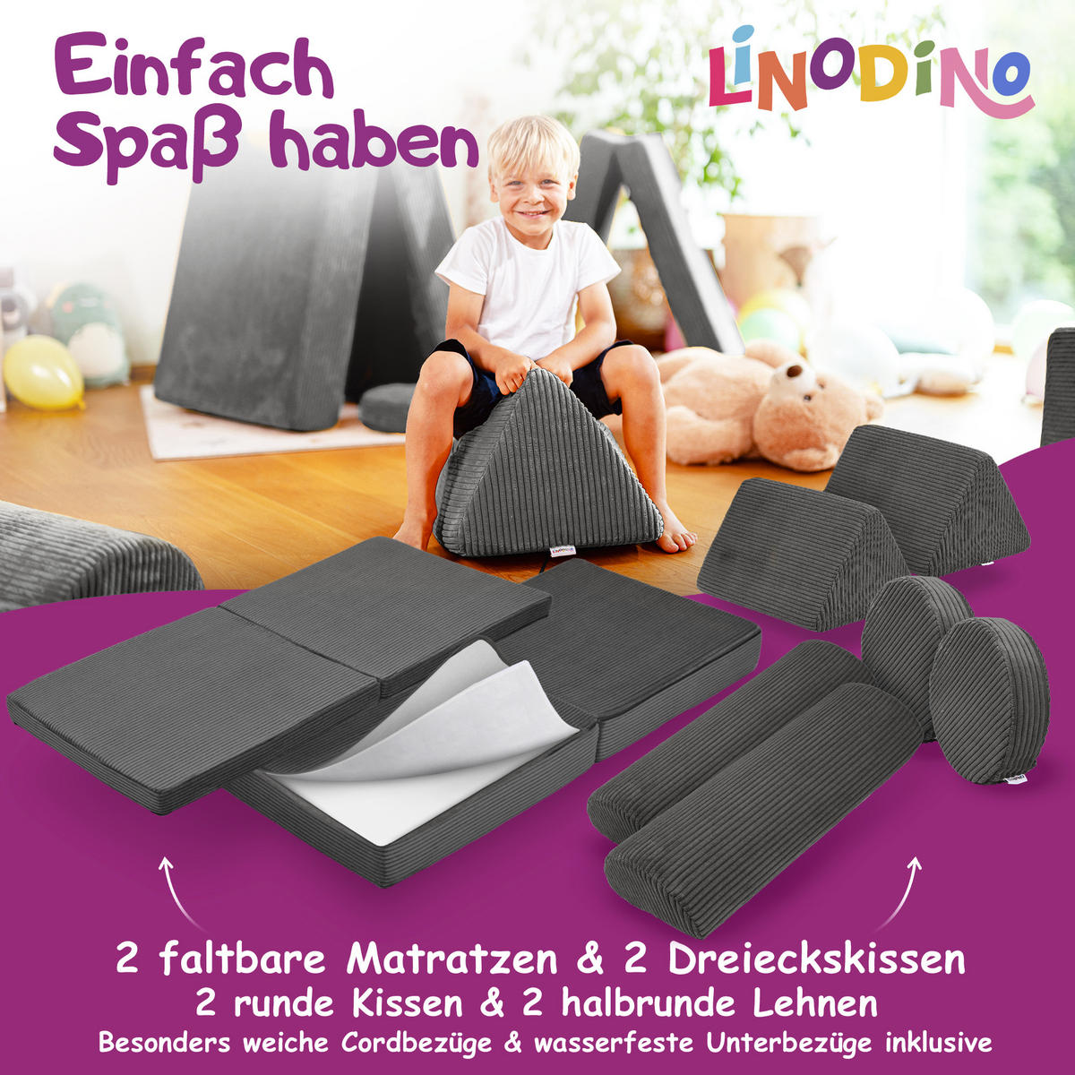 SPIELSOFA Kinder Fantasiewelt 8tlg - Dunkelgrau, Textil (150/55/66cm) - Linodino