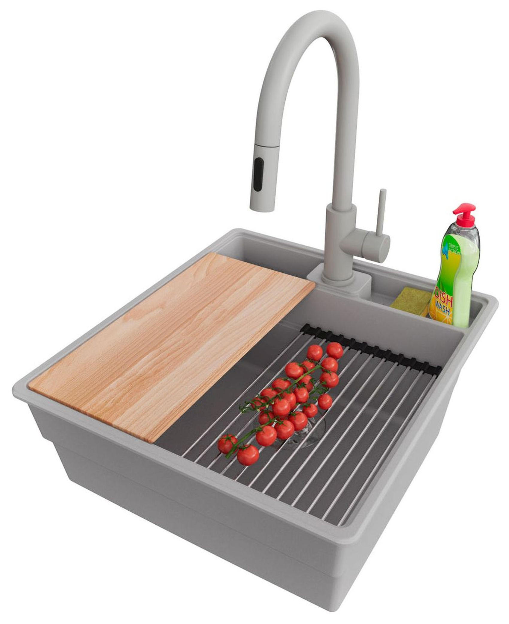 GRANITSPÜLE New York, 2-er set Grau 48/53 cm 1 Becken + Küchenarmatur 40/20 cm + Ablauf-Set + Küchenzubehörset ab 50er Unterschrank - Chromfarben/Beige, Kunststoff (48/20/53cm) - Primagran