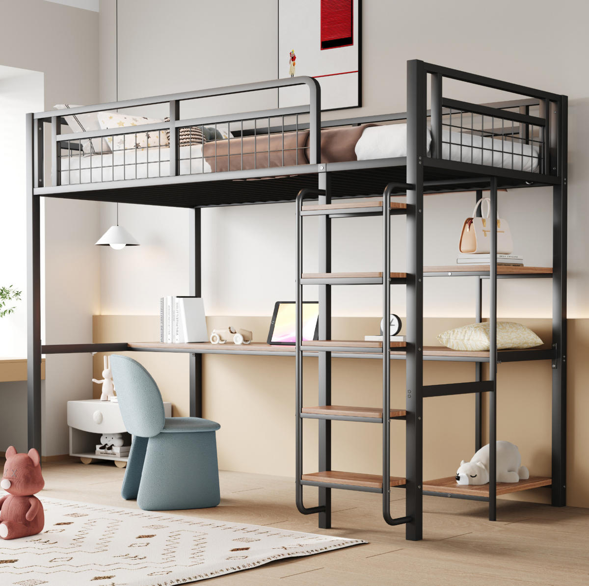 HOCHBETT aus Metall 90x200 cm in Schwarz mit Schreibtisch & Regalen - Schwarz, Metall (90/200cm) - Modfu