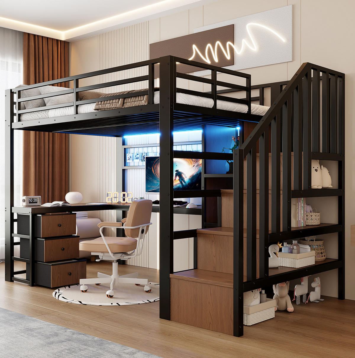 HOCHBETT 90/200 cm mit Schreibtisch, LED-Beleuchtung, 4 Schubladen und Stauraumtreppe aus Metall/MDF, Schwarz - Schwarz, Metall (90/200cm) - Redom