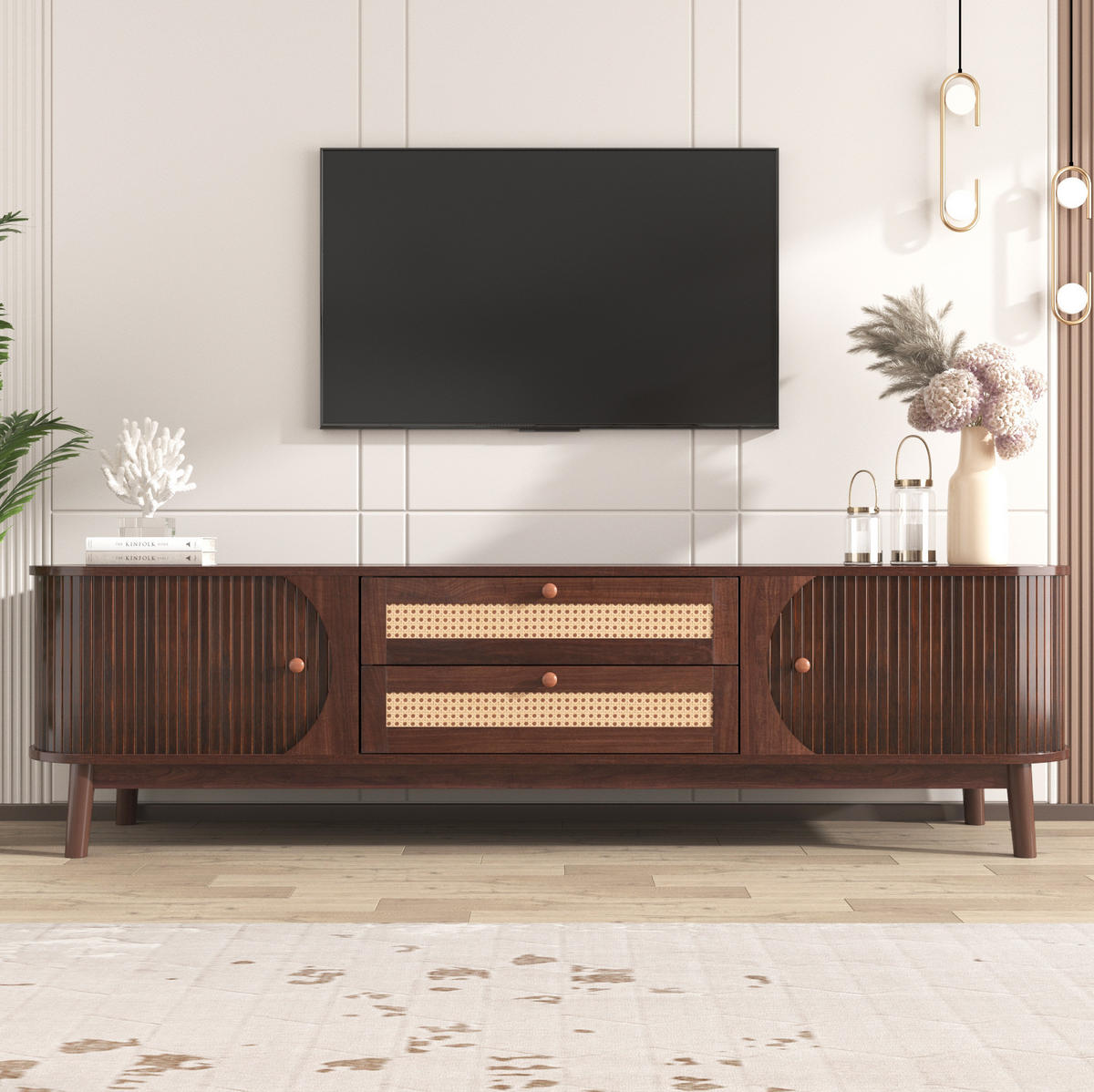 TV-SCHRANK aus MDF 170x39,5x46 cm Natur mit Türen, Schubladen und Rattanfronten - Naturfarben, Holzwerkstoff (170/46/39.5cm) - Modfu
