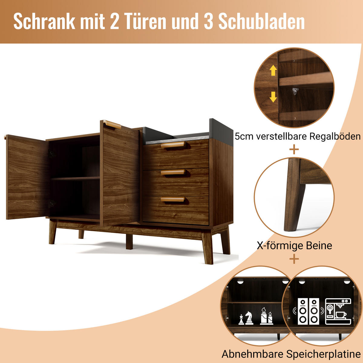 SIDEBOARD Holzoptik Braun, mit 2 Türen, 3 Schubladen und offenem Ablagefach, 120/40/77 cm - Nussbaumfarben, Holzwerkstoff (120/77/40cm) - WISHDOR
