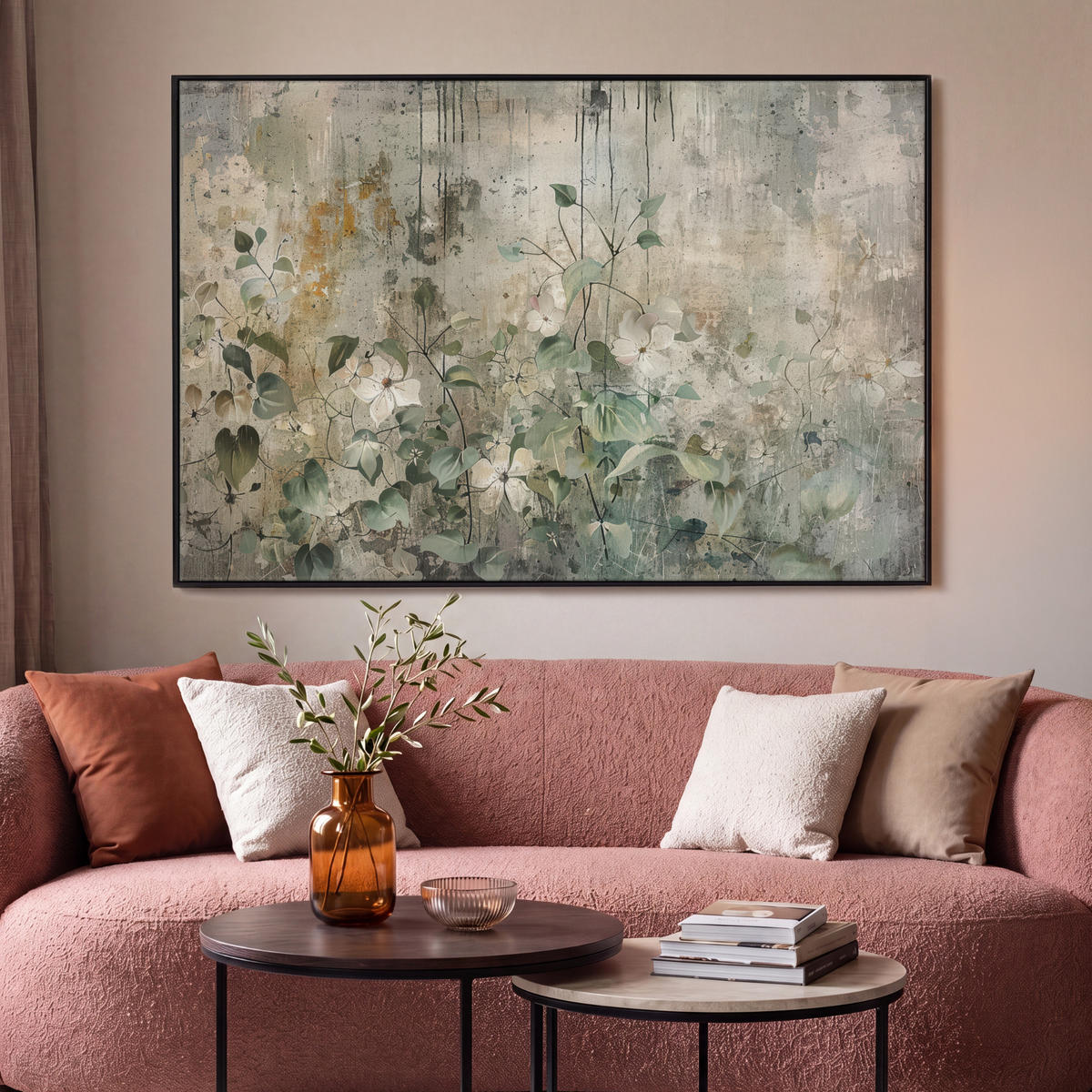 LEINWAND Bilder mit Rahmen - Blumen - Blätter - Abstrakt - Modern - 150x100 - Grau, Textil (150/100cm) - MuchoWow
