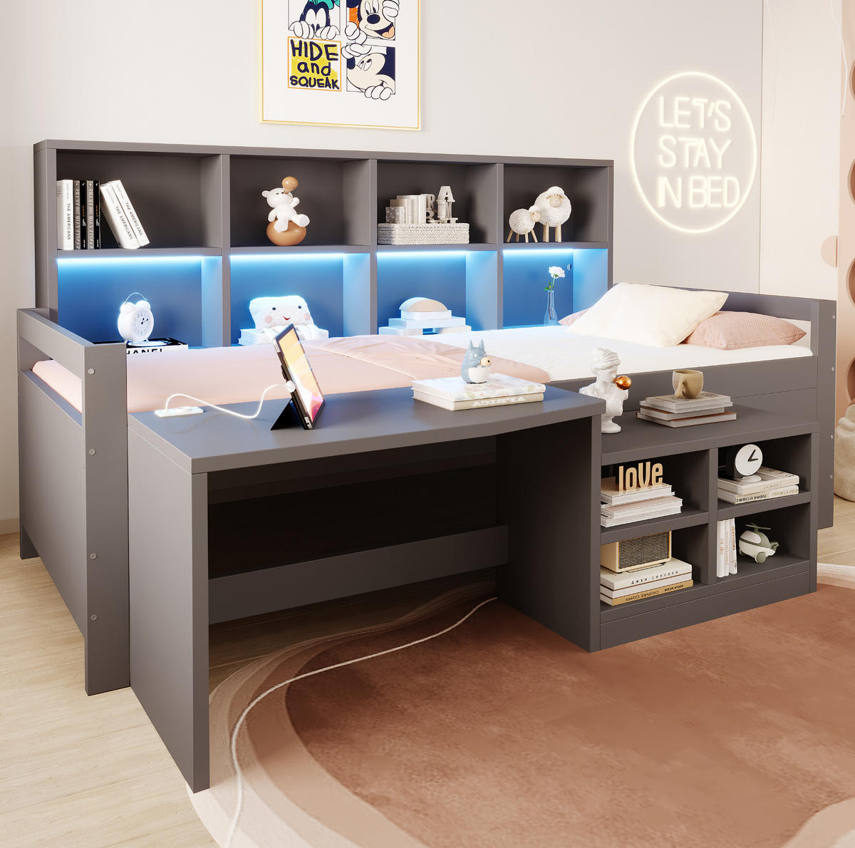 MULTIFUNKTIONSBETT 90x200 cm in Grau mit Schreibtisch, Stauraum und LED-Leiste - Grau, Holz (90/200cm) - IVMEU