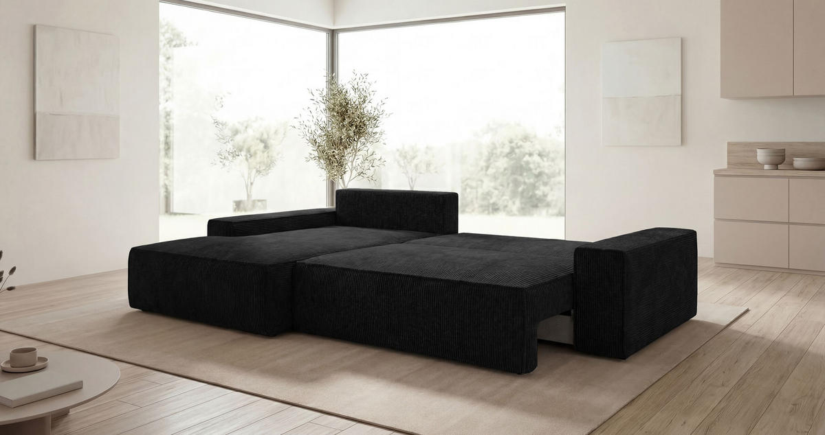 ECKSOFA VERONA links schwarz Cord Poso 135 - Schlaffunktion, Bettkasten - Schwarz, Textil (280/185cm) - Cornero