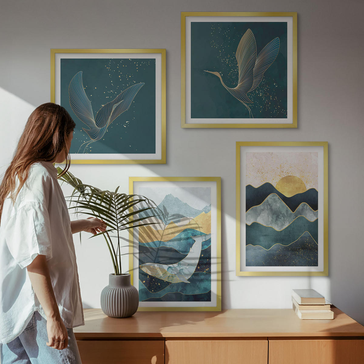 BILDER SET 4er Set - 50x50 cm & 40x60 cm Goldrahmen - Abstrakte Kranichberge - Goldfarben, Kunststoff (50/50cm) - TULUP