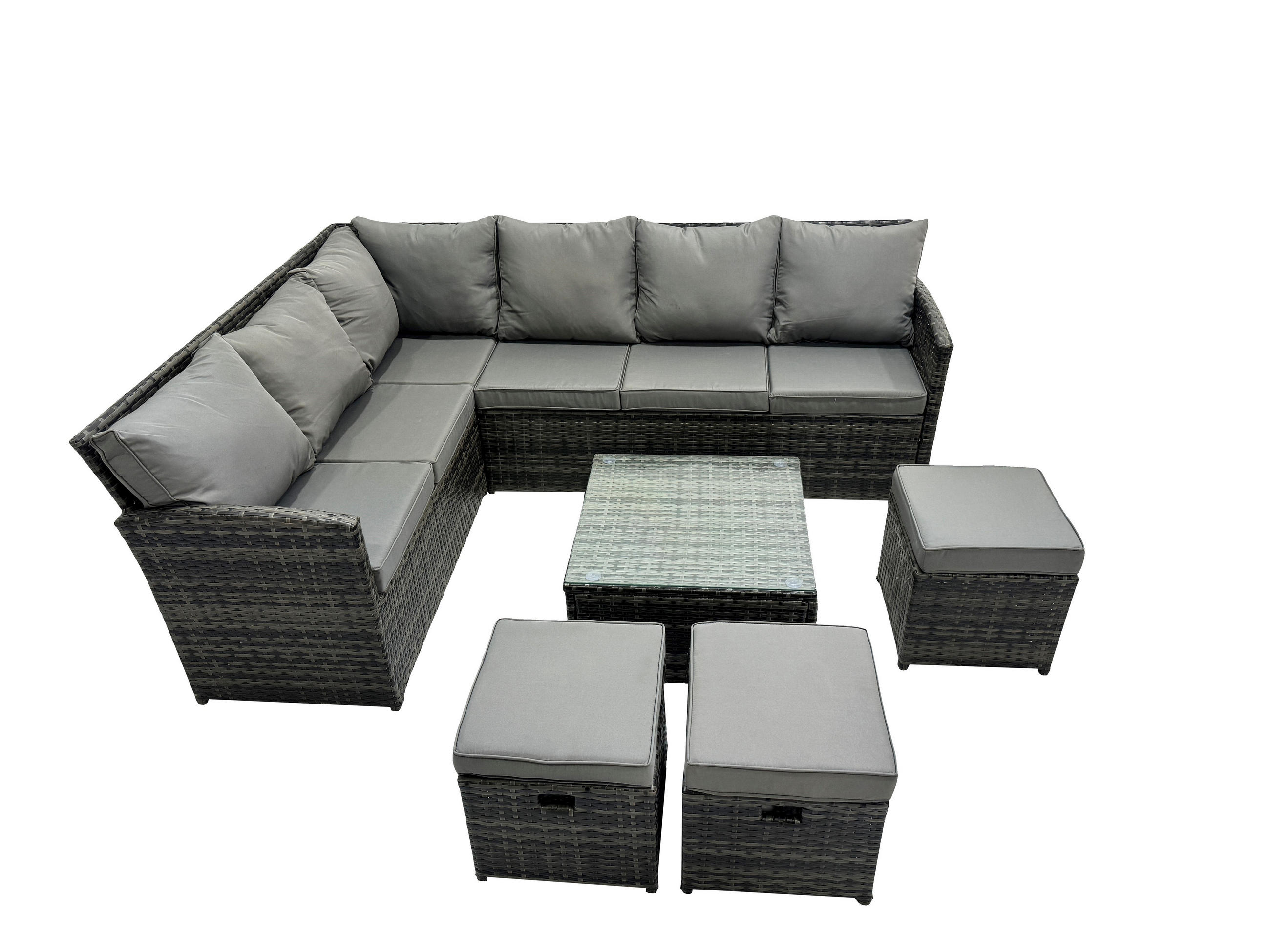 GARTENGARNITUR mit Ecksof,Couchtisch,3 Fußhocker Polyrattan Dunkelgrau 9-Sitzer - Dunkelgrau/Grau, Glas/Kunststoff - Fimous