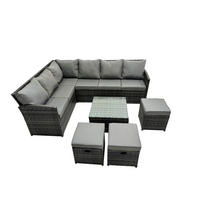 GARTENGARNITUR mit Ecksof,Couchtisch,3 Fußhocker Polyrattan Dunkelgrau 9-Sitzer - Dunkelgrau/Grau, Glas/Kunststoff - Fimous
