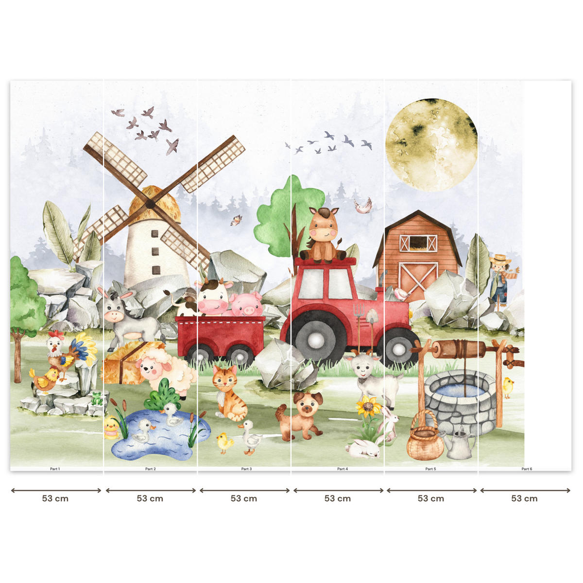 KINDERTAPETE - Bauernhof - Traktor - Kinder - Tiere - 260x200 cm - Weiß, Papier (260/200cm) - OnlyWow