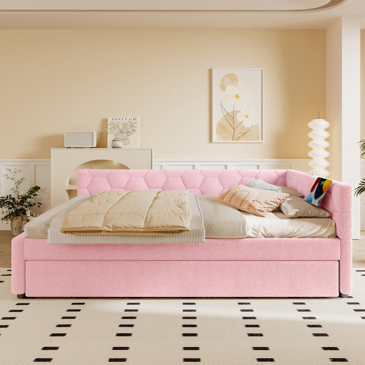 BETT 140/200 cm in Rosa – mit Ausziehbett, USB/Typ-C und inkl. Lattenrost - Rosa, Textil (140/200cm) - BEAOK