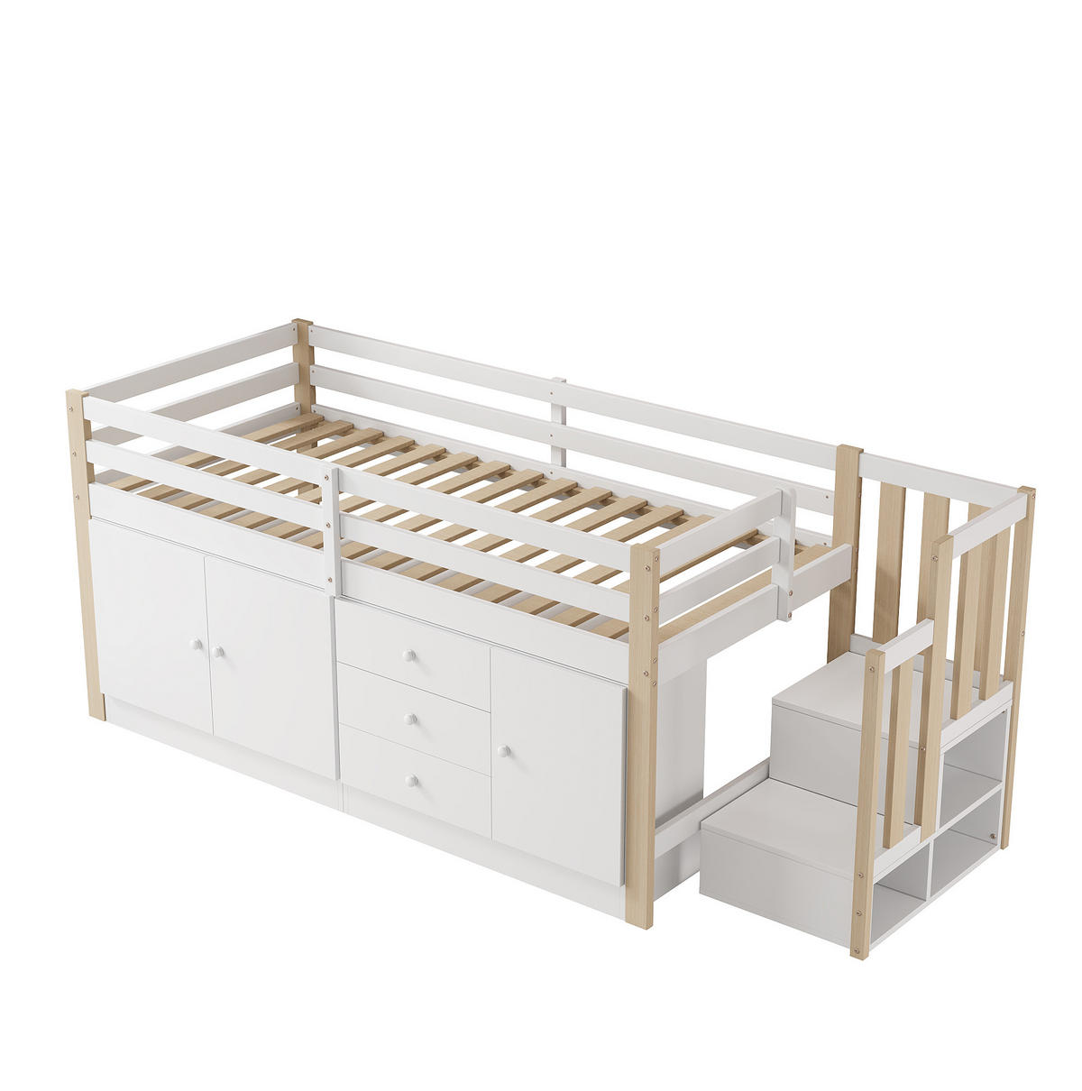 KINDEREINZELBETTEN aus MDF 90x200 cm in Weiß mit Treppe, Schubladen & 2 Schränken - Weiß, Holzwerkstoff (90/200cm) - Modfu