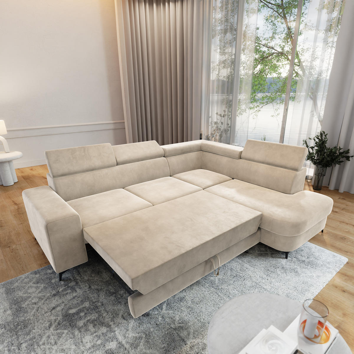 ECKSOFA ALVORO R-S Creme Velours-Stoff mit Schlaffunktion - Creme, Holz (253/190cm) - MASSENO