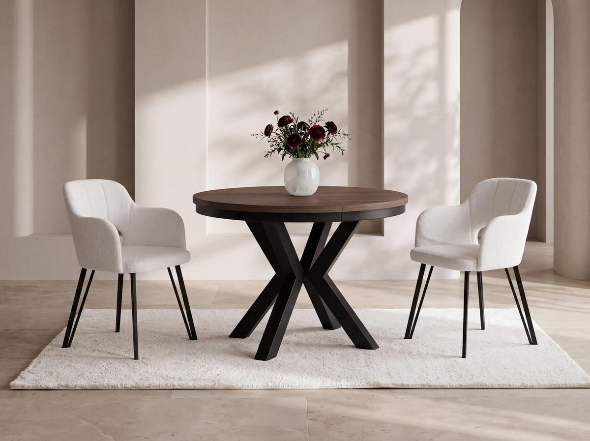 ESSTISCH Clara runder ausziehbarer, Nussbaum Braun 120-200/120/76 cm - Walnussfarben/Schwarz, Holzwerkstoff/Metall (120/200/76cm) - WFL GROUP
