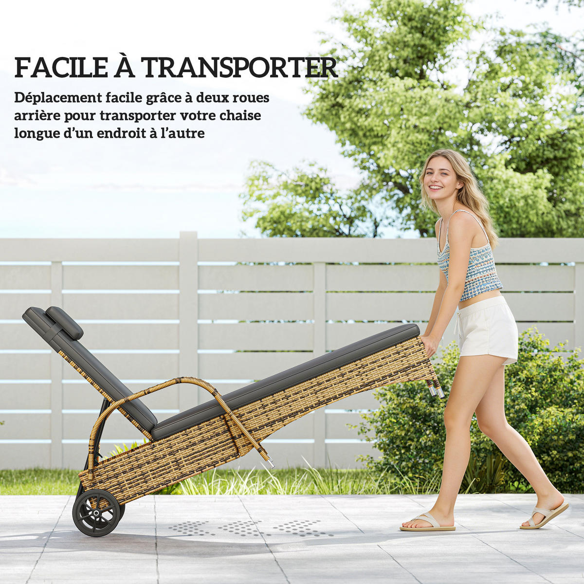 SONNENLIEGE Gelb 200/73/30-103 cm mit Rollen und Auflage - Hellgrau, Naturmaterialien (200/103/73cm) - PANGIVO