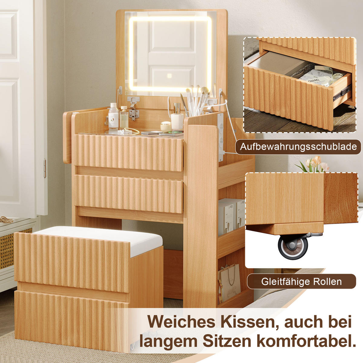 SCHMINKTISCH LED Spiegel USB Hocker 3 Schubladen Modern - Naturfarben, Holzwerkstoff (79/120/40cm) - FLIEKS