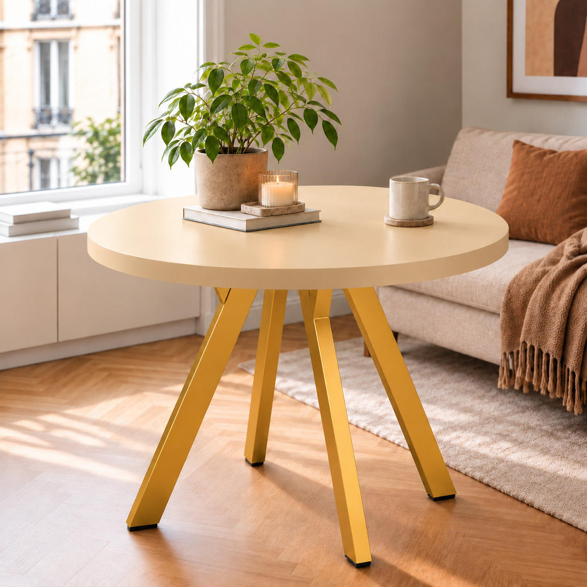 ESSTISCH rund ausziehbar 110/310/76 cm, Kaschmir, 54 cm Tischplatte + Y Metallgestell Gold - Kaschmir/Goldfarben, Holzwerkstoff/Metall (110/310/76cm) - Damale Möbel