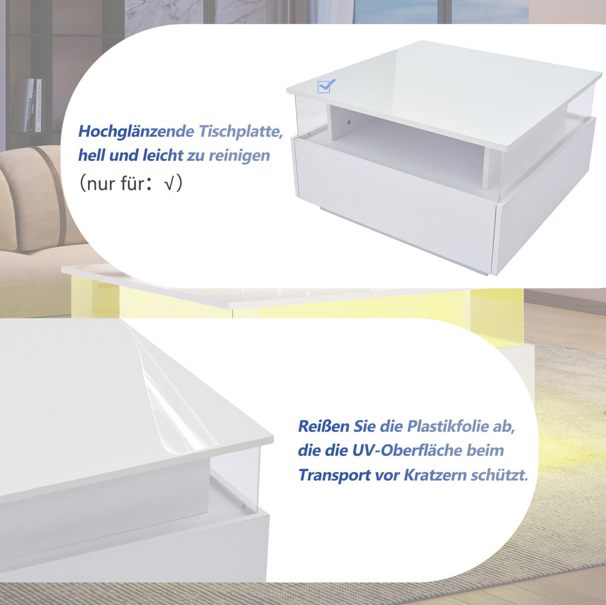 COUCHTISCH 70/70/41 cm weiß aus Spanplatte mit LED-Beleuchtung und 2 Schubladen - Weiß, Holzwerkstoff (70/70/41cm) - OKMYHOME
