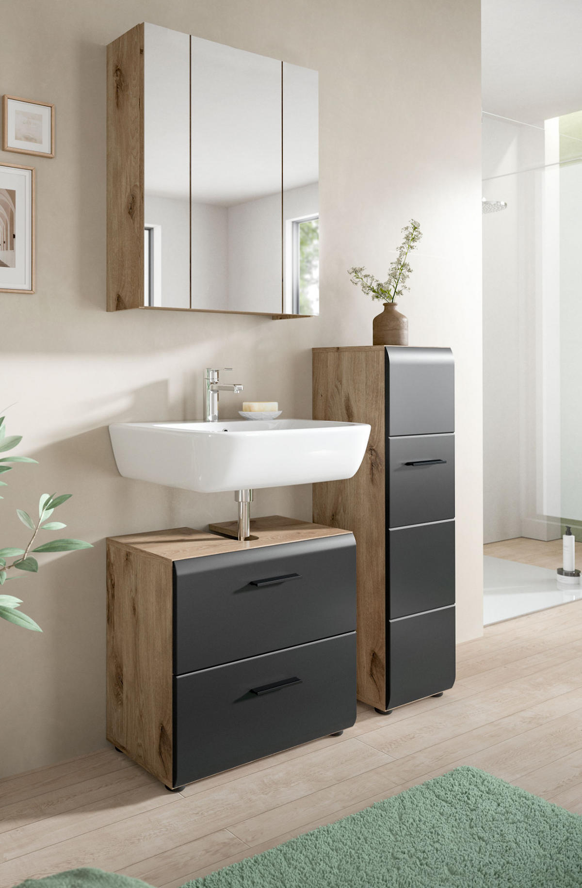 BADMÖBEL-SET 3-teilig Schwarz matt, Eiche Nox, Badezimmer mit viel Stauraum und Vollauszug Schubkästen 105 x 185 cm - Eichefarben/Schwarz, Glas/Holzwerkstoff (105/185/30cm) - Inn.Furn