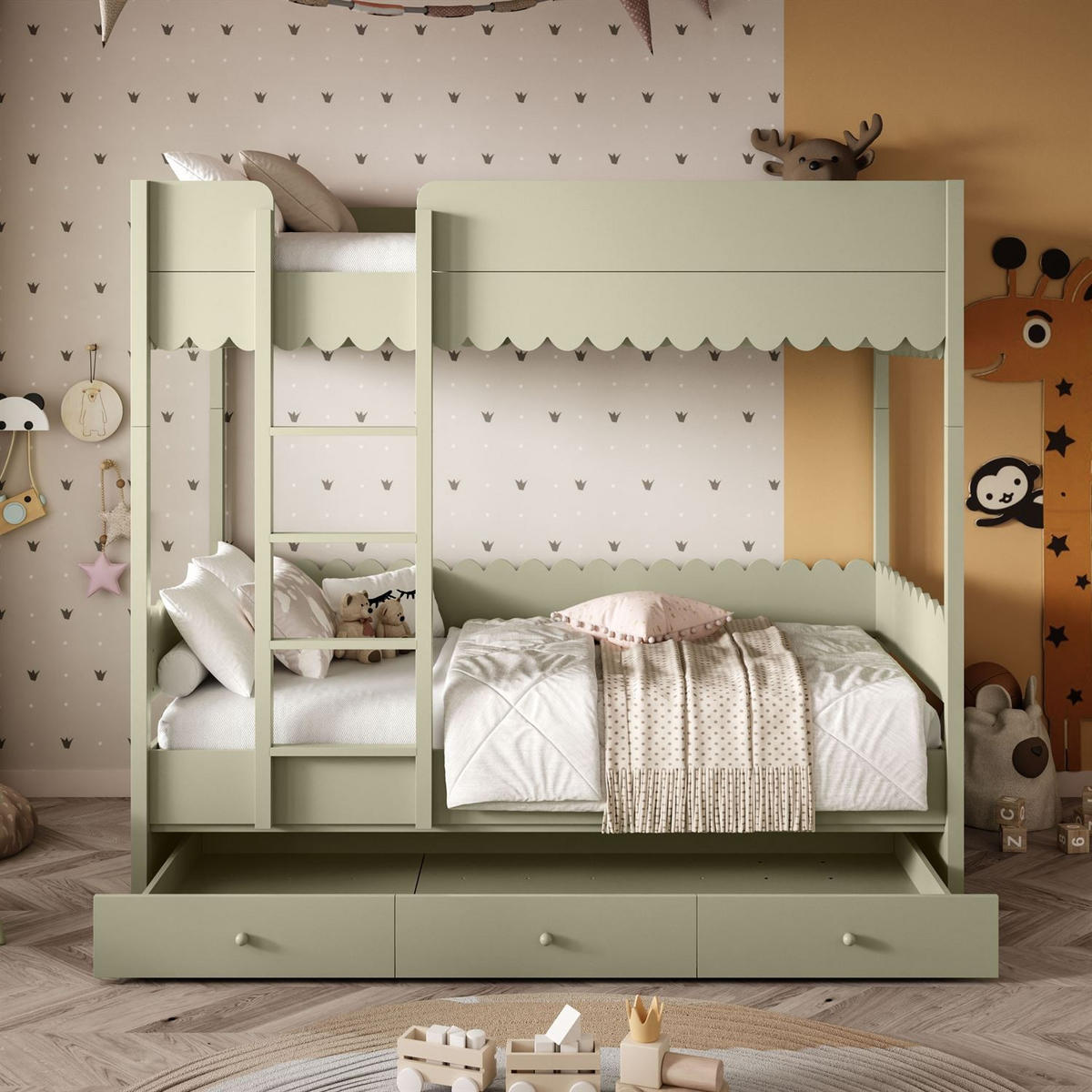 ETAGENBETT BABUSHKA – Etagenbett 90x200 cm, mit zwei Matratze, Olivgrün - Olivgrün, Holzwerkstoff - Lookway