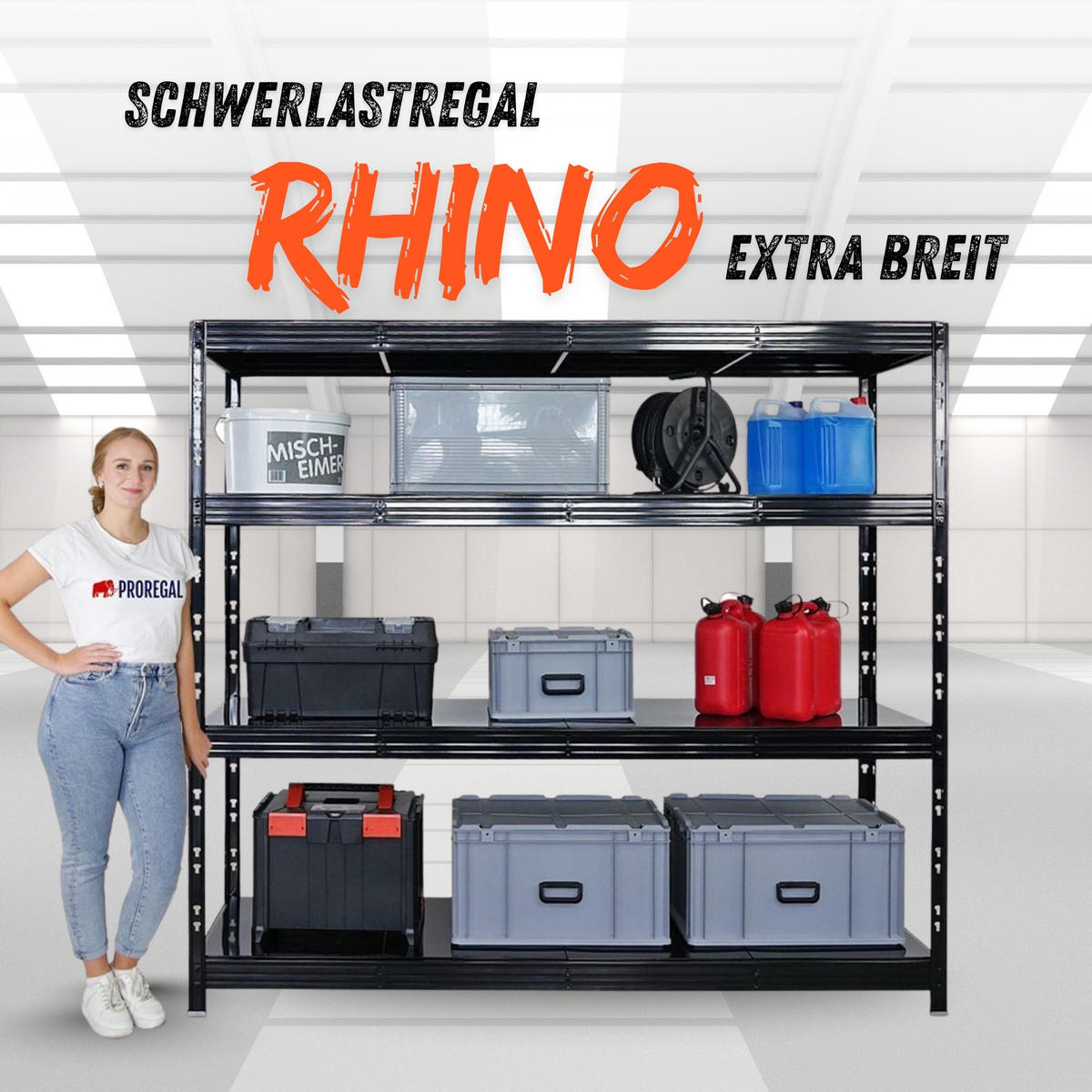 SCHWERLASTREGAL Rhino 180x200x60 cm 4 Stahlplatten-Ebenen Fachlast 500 kg Schwarz - Schwarz, Metall (200/180/60cm) - PROREGAL