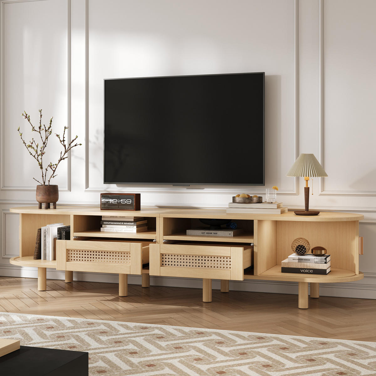 LOWBOARD 170/40/40 cm Eiche hell aus MDF mit Rattanfronten und Schiebetüren - Naturfarben, Holzwerkstoff (40/40/170cm) - OKMYHOME