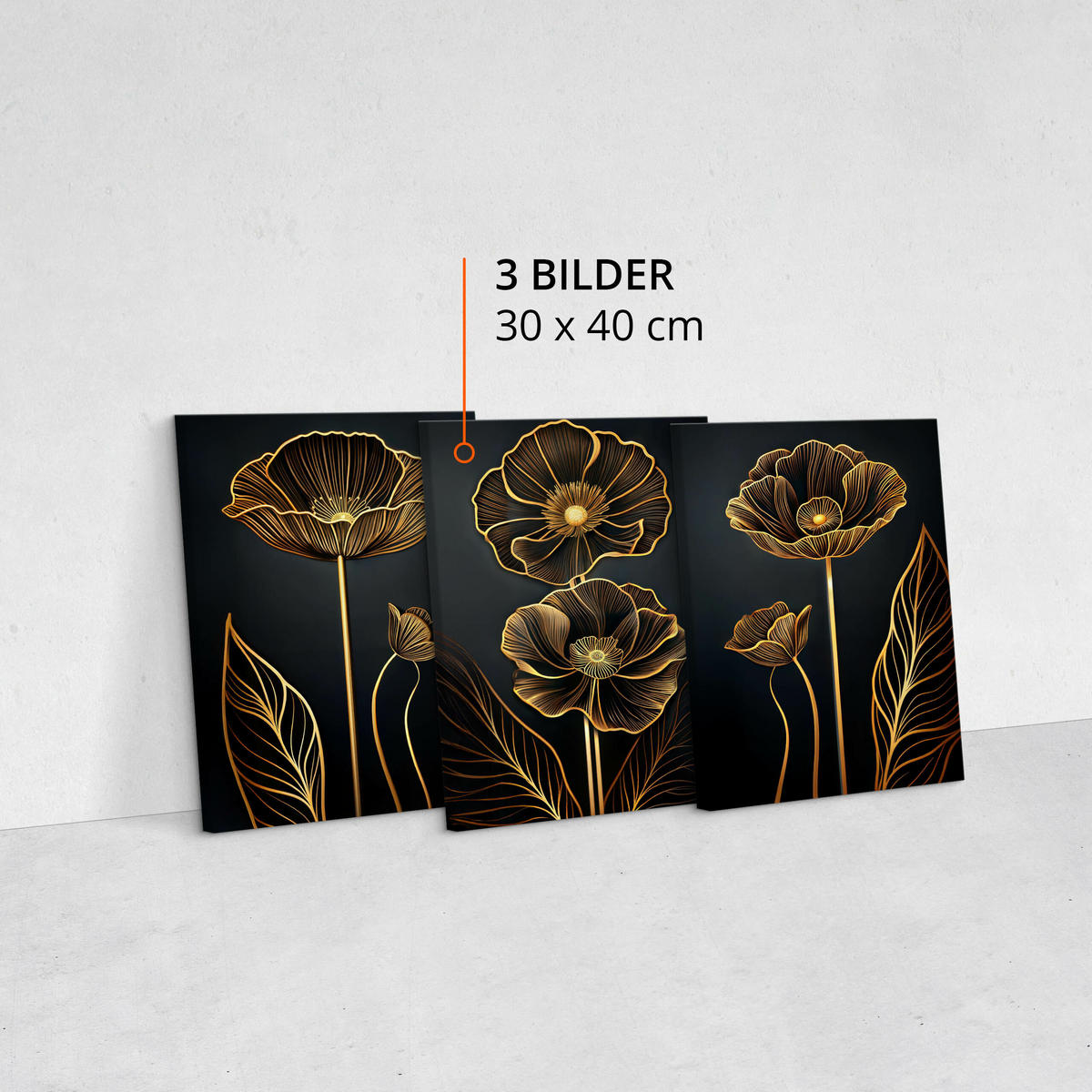 LEINWANDBILDER 3-es Set Abstrakte Blumen - Beige/Schwarz, Textil (90/40cm) - Muralo