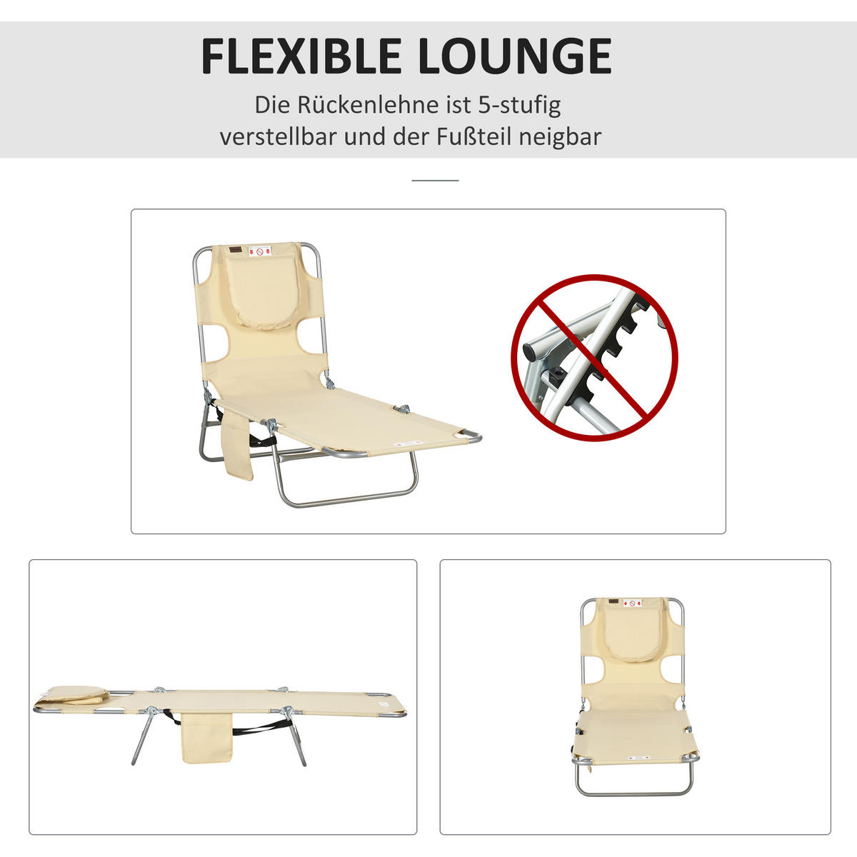SONNENLIEGE mit Gesichtsöffnung Beige 185/55/81 cm - Beige, Textil/Metall (55/29/185cm) - Outsunny