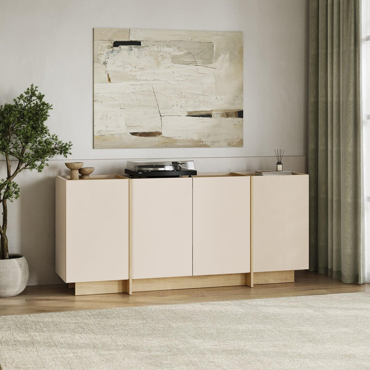 SIDEBOARD mit 4 Türen, Dekor in Kaschmir und Eiche-dekor 180/45/80 cm - Beige, Holzwerkstoff (45/80/180cm) - Calicosy