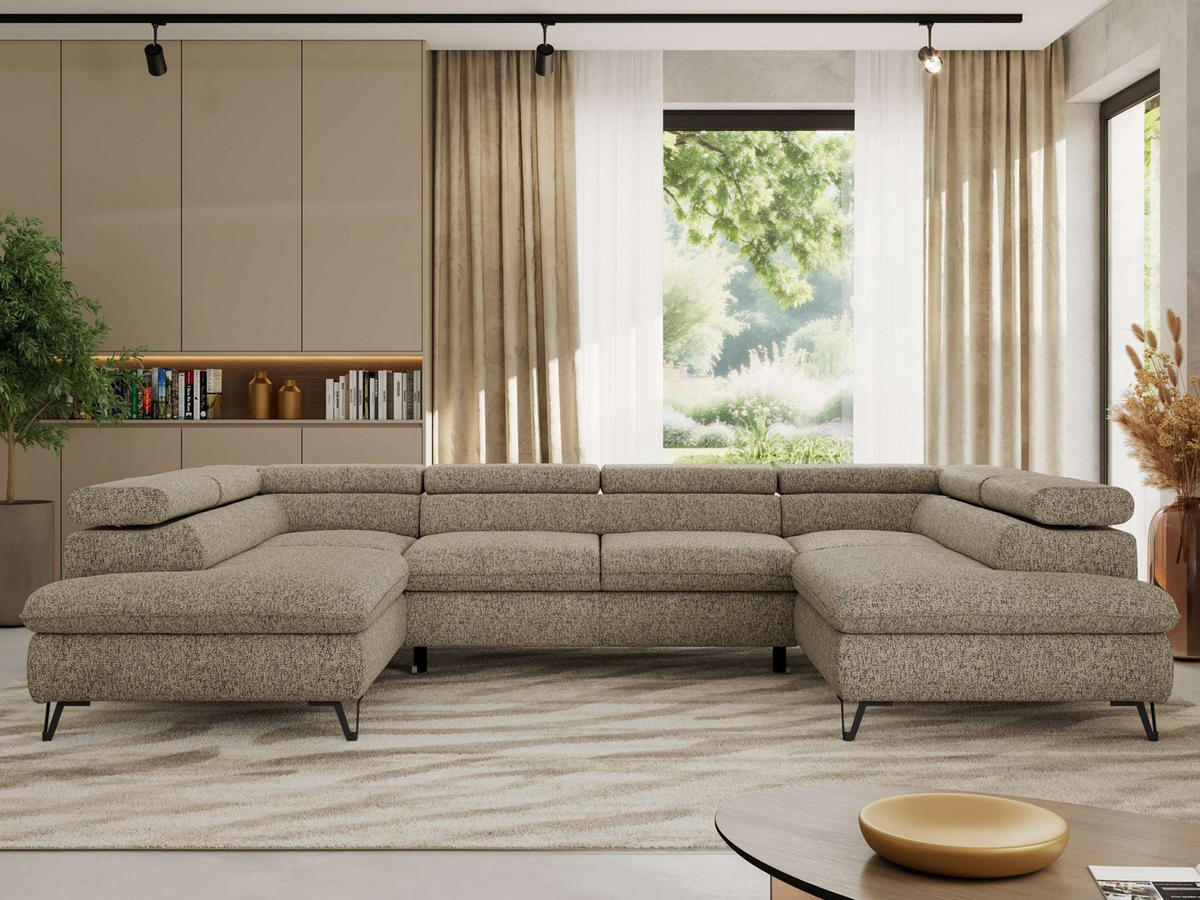 WOHNLANDSCHAFT PABLO U Strukture Dunkelbeige mit Topper T25 - Greige/Schwarz, Textil/Metall (346/76/208cm) - MKS