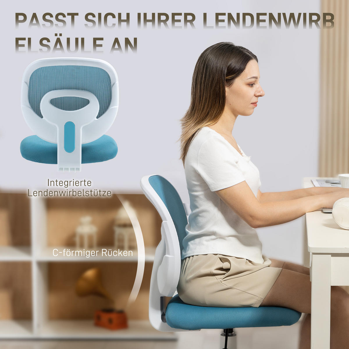 BÜROSTUHL Ergonomischer Schreibtischstuhl mit C-förmiger Rückenstütze, Blau - Blau/Weiß, Kunststoff/Textil (53/89/59.5cm) - HOMCOM