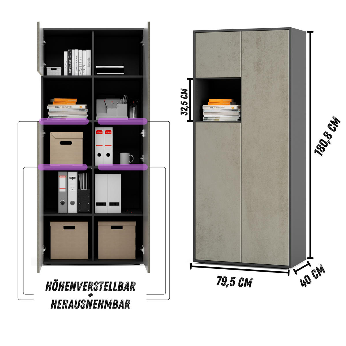 AKTENSCHRANK Amira T10 Beton Oxid 180/80/40 cm - Hellgrau, Holzwerkstoff (80/180/40cm) - SIMPLYFURN
