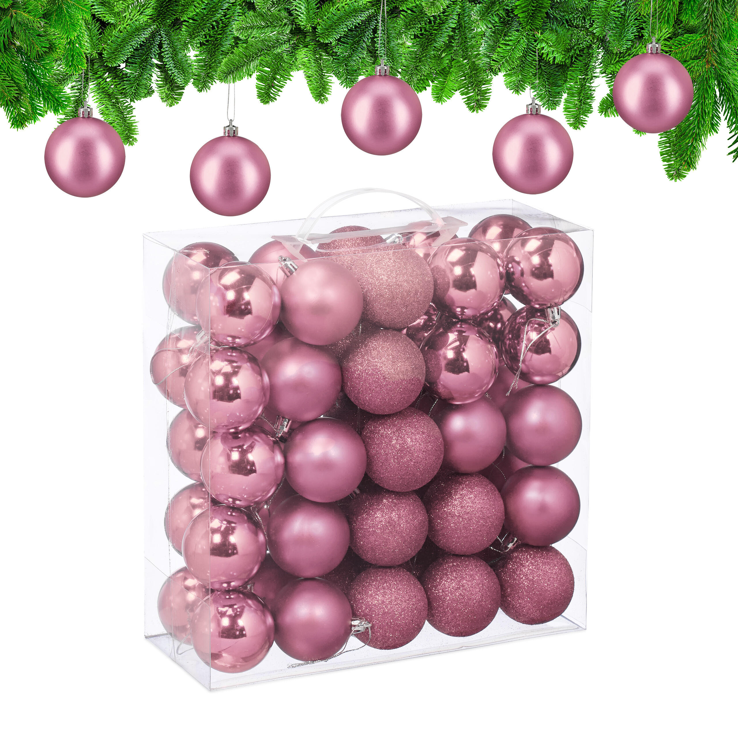 50XWEIHNACHTSKUGELN - Rosa, Kunststoff (6/7/6cm) - Relaxdays