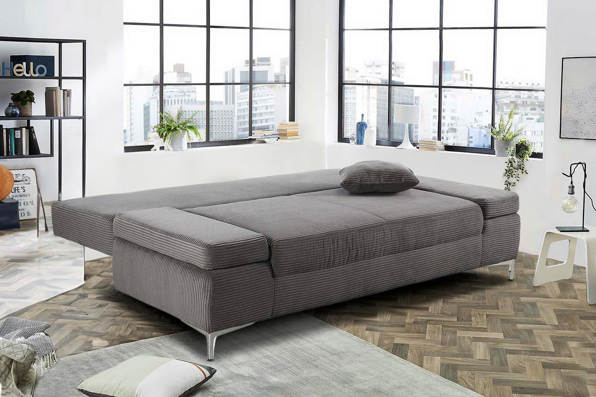 SCHLAFSOFA mit Bettkasten, Federkern, Armlehnen verstellbar B202/T103/H89 cm, Liegefläche 144x198 cm, Cord Grau Anthrazit / 15204 - Chromfarben/Schieferfarben, Textil/Metall (202/89/103cm) - luma-home
