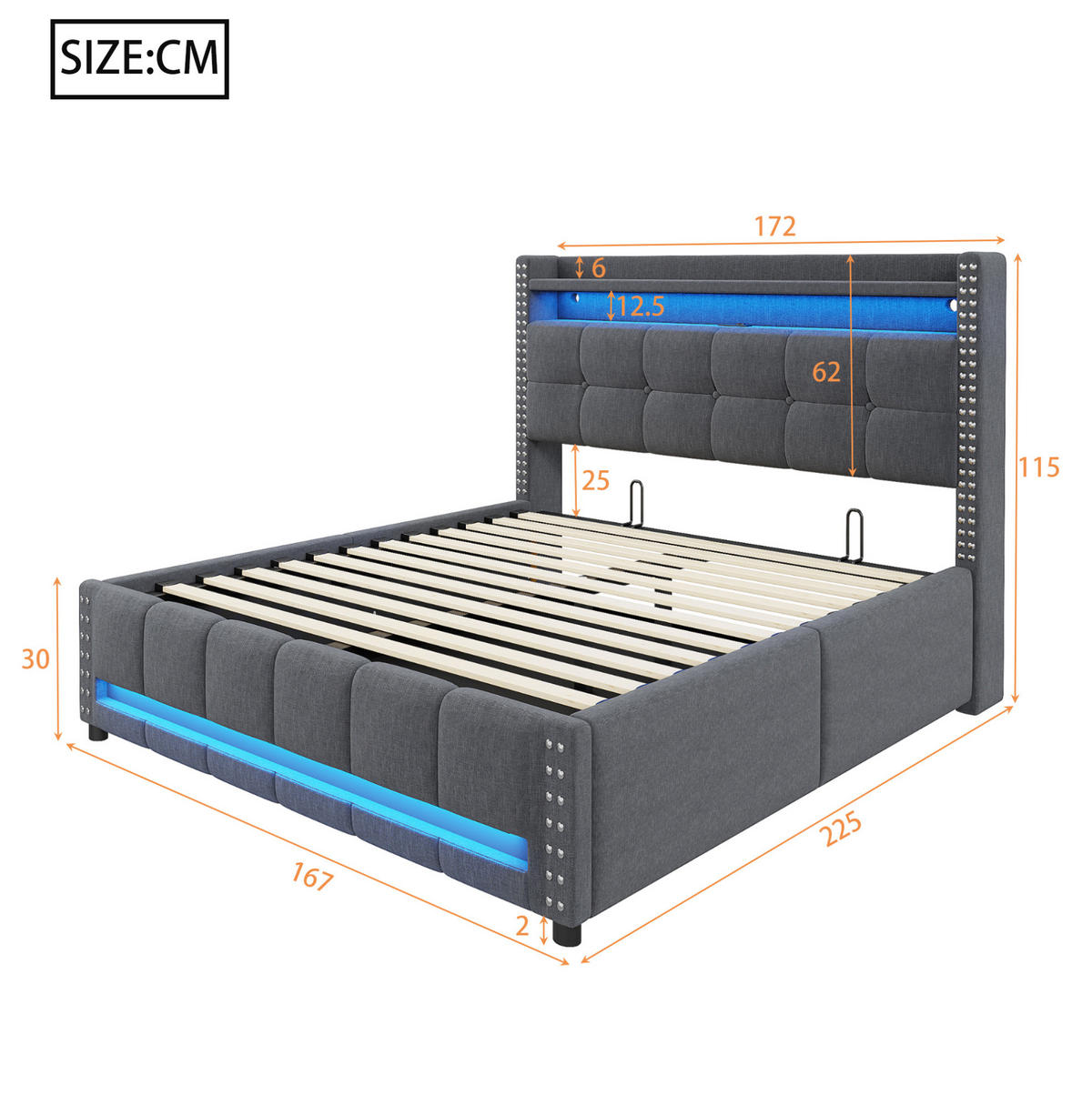 POLSTERBETT mit Stauraum und LED 160x200 cm Leinen Grau - Grau, Metall (160/200cm) - Meubliv