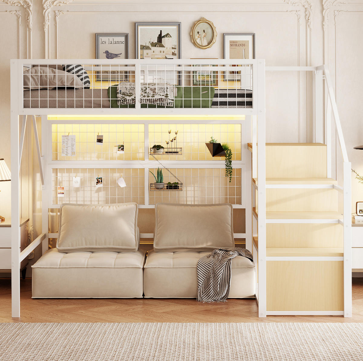 VYSOKÁ postel 255/145/170 cm bílá s LED osvětlením a úložnými schody z kovu a MDF - bílá, kov (140/200cm) - OKWISH