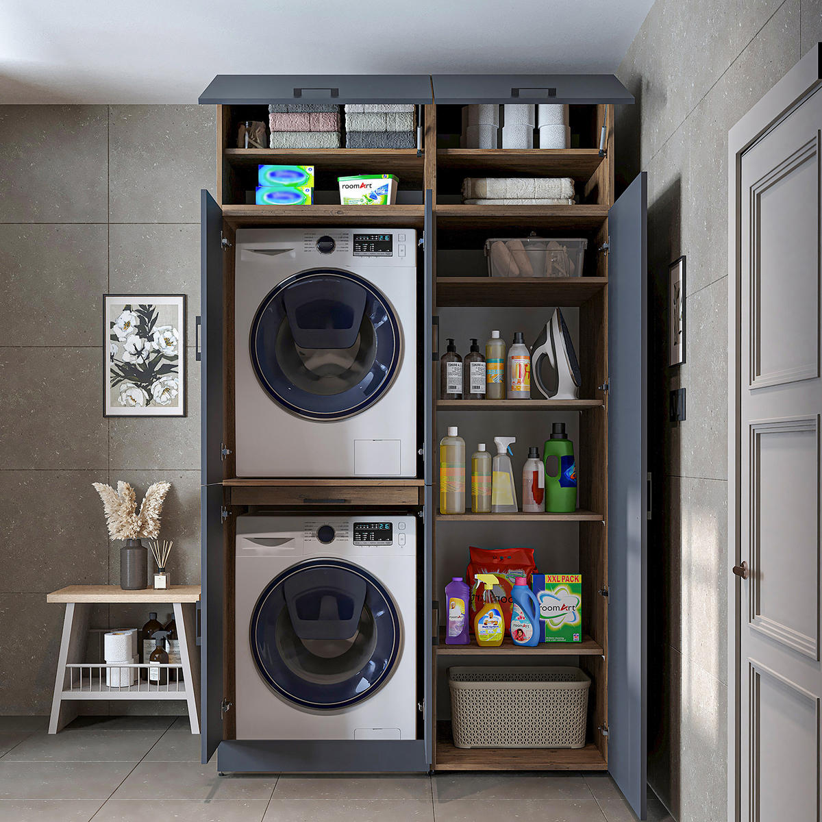 WASCHMASCHINENSCHRANK DORA-I 130cm Breit, 230cm Hoch - Anthrazit, Holzwerkstoff (130/230/73.8cm)