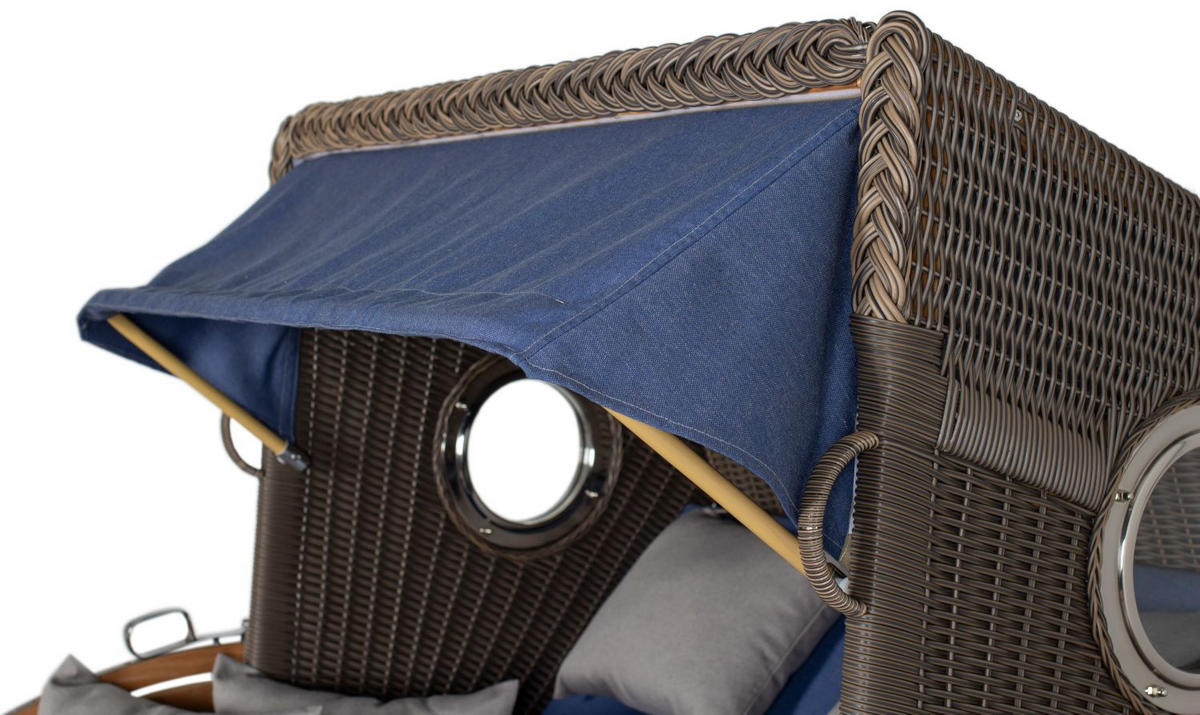 STRANDKORB Komplettset: Borkum XL Teak Bullauge - PE grau - Modell 595 - Blau/Grau, Holz/Kunststoff (142/170/95cm) - bene living