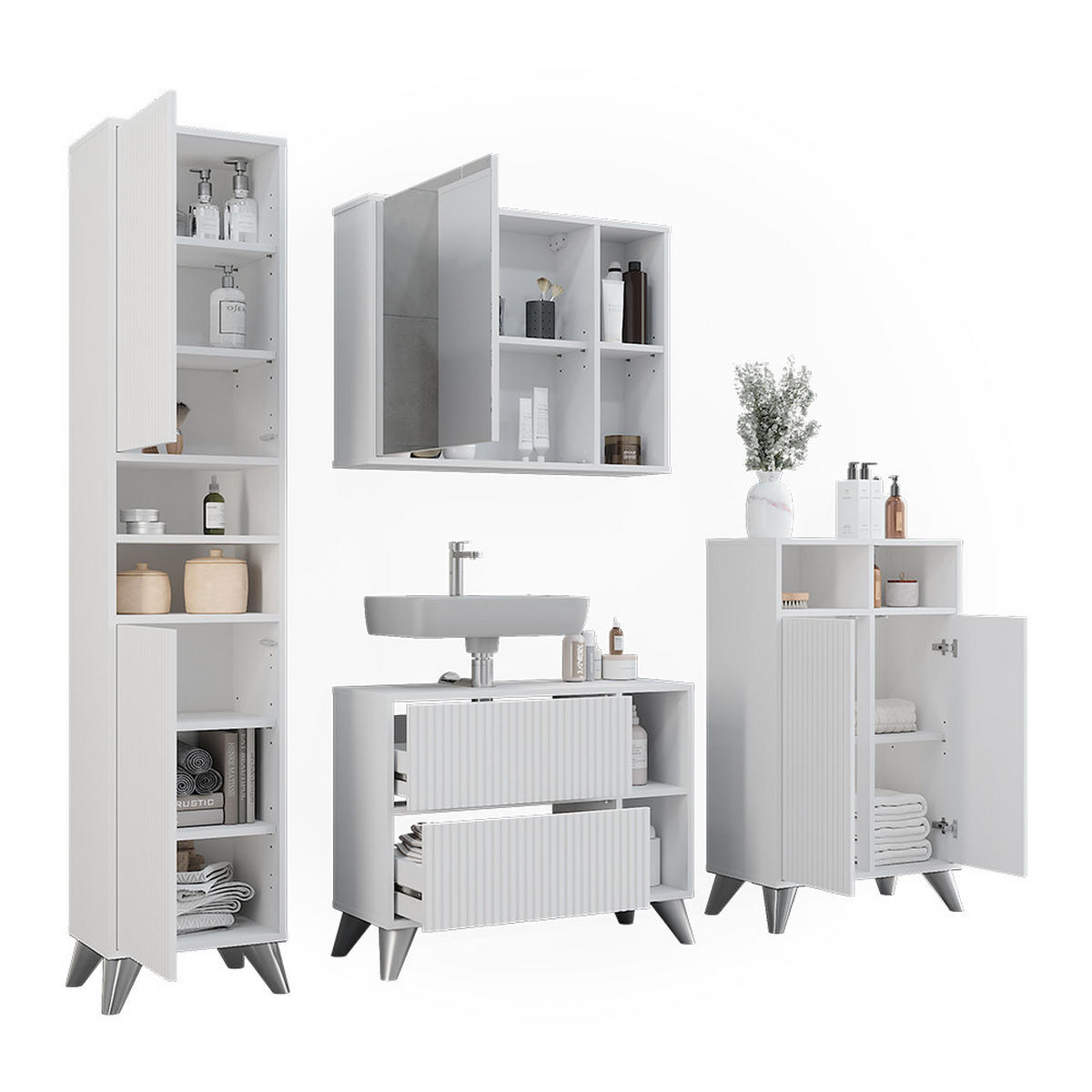 BADMÖBEL-SET Leano Weiß 80 cm, Set 4 - Weiß, Holzwerkstoff (80/62/30cm) - Vicco
