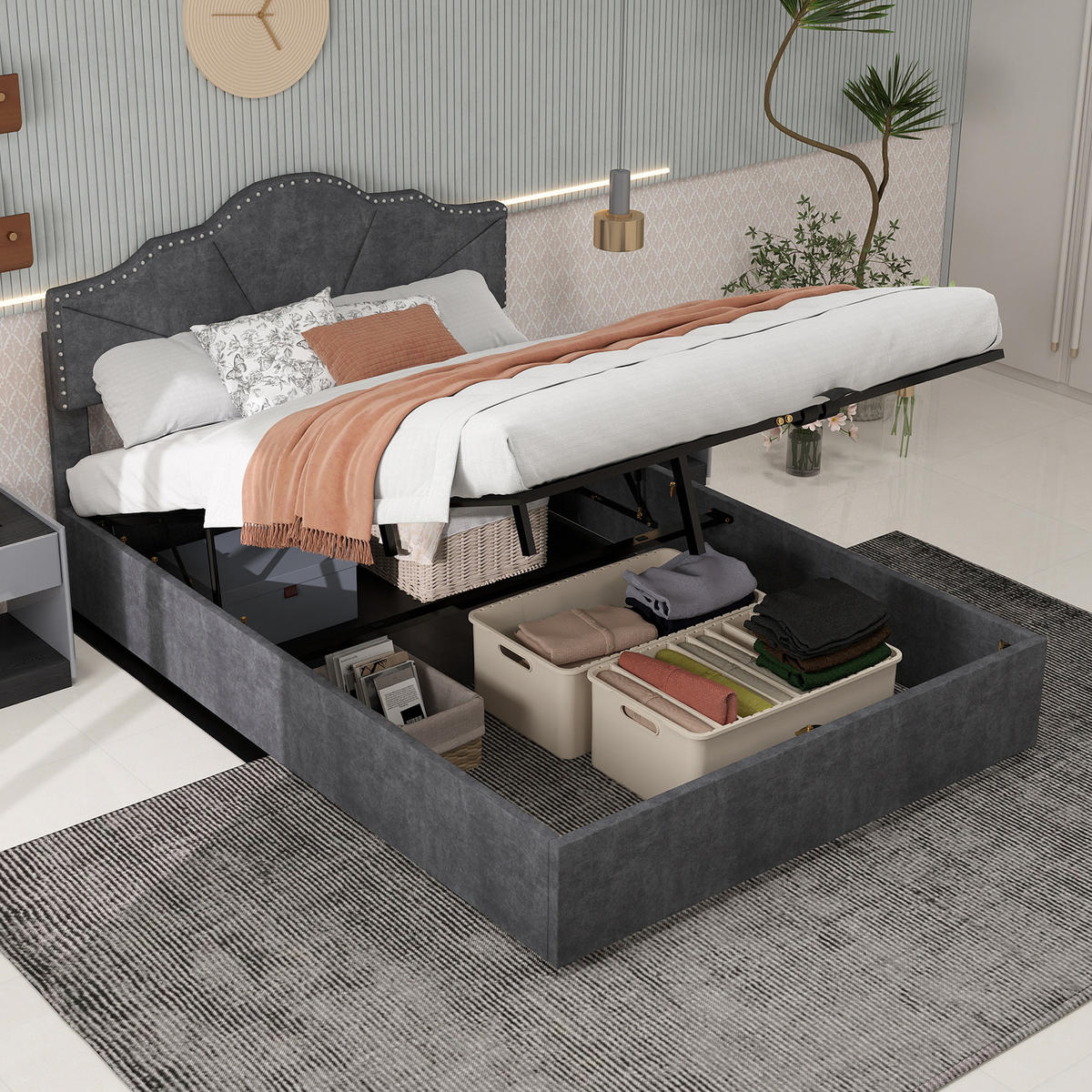 POLSTERBETT 160x200 cm Samt Stauraum hydraulisch grau - Grau, Textil (160/200cm) - LEBENLANG