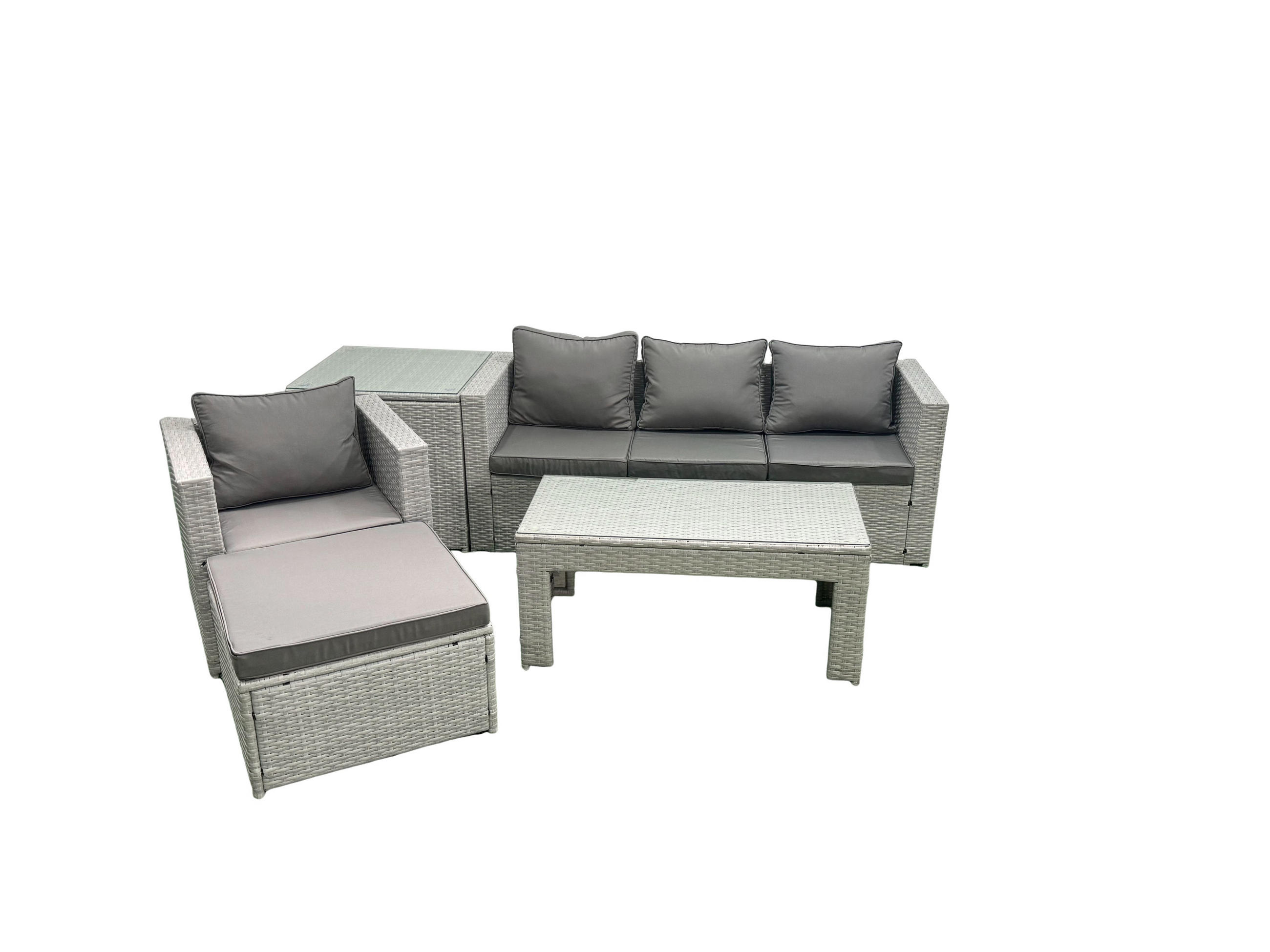 BALKONMÖBEL-SET Polyrattan Hellgrau-Mix 5-teilig - Hellgrau/Grau, Glas/Kunststoff - Fimous