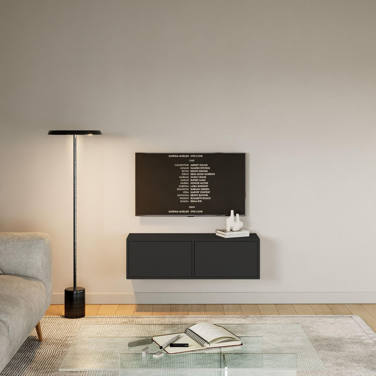 TV-LOWBOARD hängend, 2 Klappen, Schwarz, 100 cm - Schwarz, Holzwerkstoff (100.6/30/30cm) - Selsey