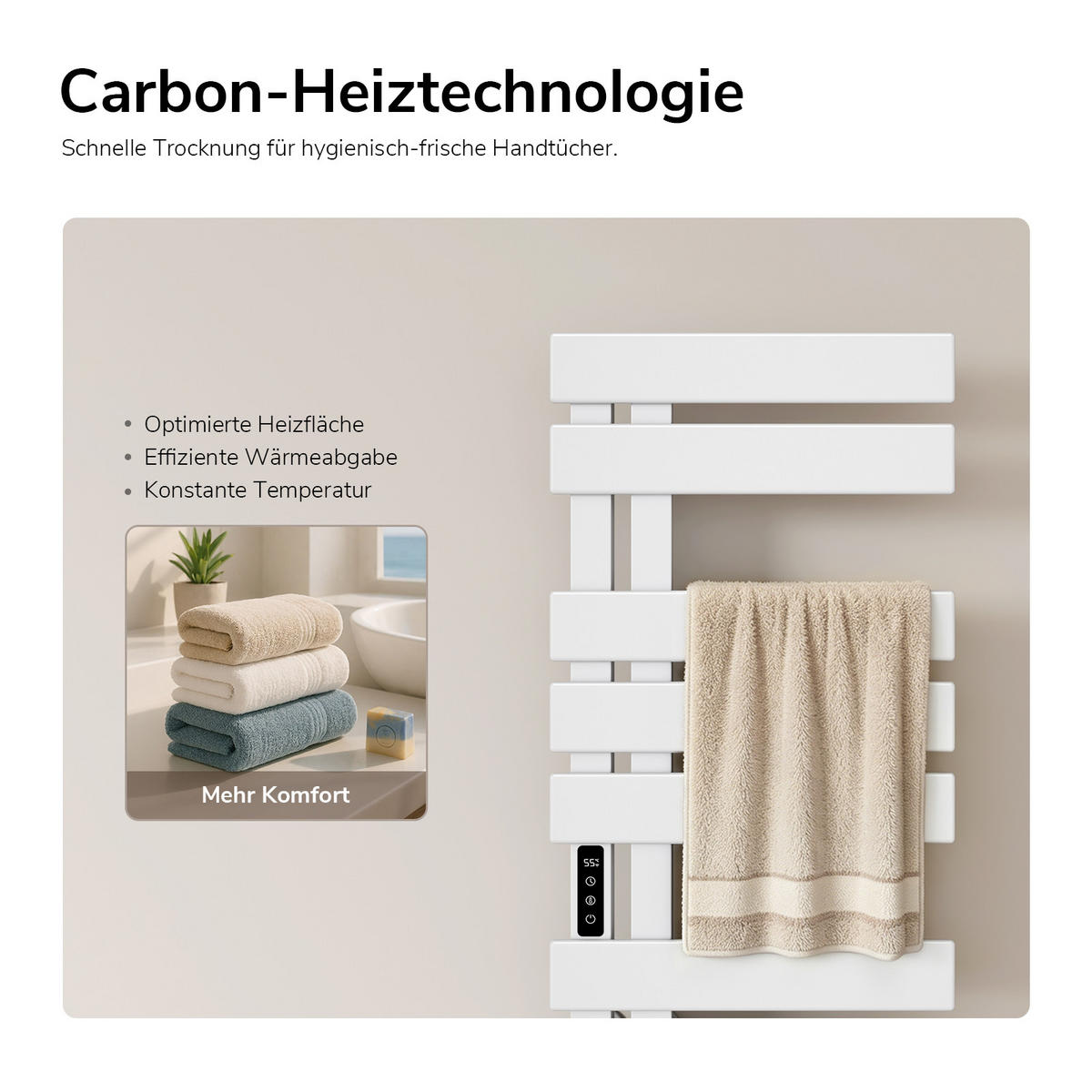 HANDTUCHHEIZKÖRPER Elektrisch mit Thermostat, App- und Sprachsteuerung Weiß 85/40 cm - Weiß, Metall (40/85/11cm) - EMKE