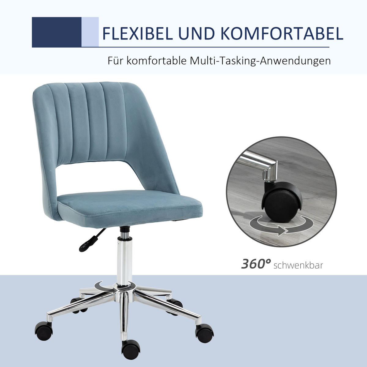 BÜROSTUHL Drehstuhl Jakobsmuschel-Form verstellbar Samtartiges Polyester Blau - Blau, Kunststoff (60/91/49cm) - Vinsetto