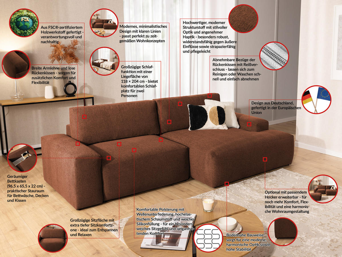 ECKSOFA inkl. Hocker Lennon aus Braun Strukturstoff mit Schlaffunktion und Bettkasten - Schwarz/Braun, Holz/Kunststoff (264/137cm) - S-Style