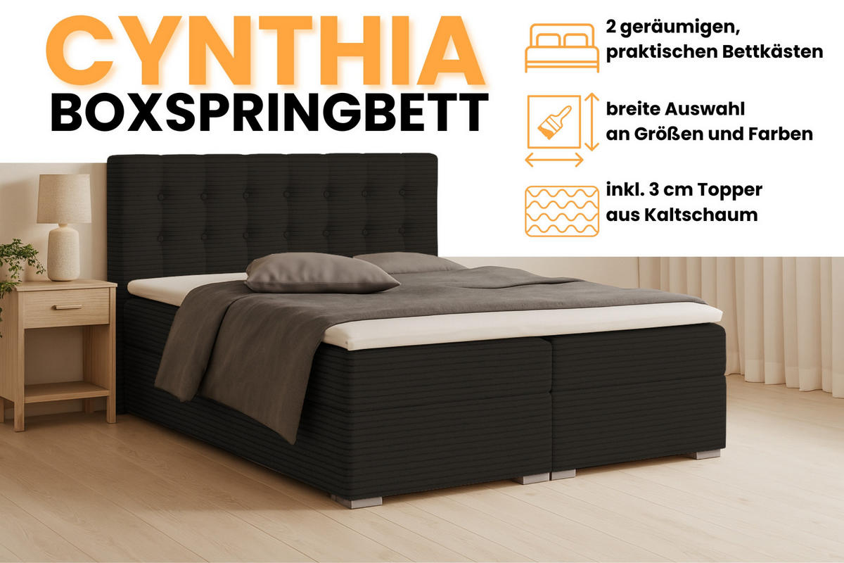 BOXBETT CYNTHIA 200/200 in Cord Schwarz H4 - Schwarz, Holz/Holzwerkstoff (200/200cm) - Deine Möbel 24