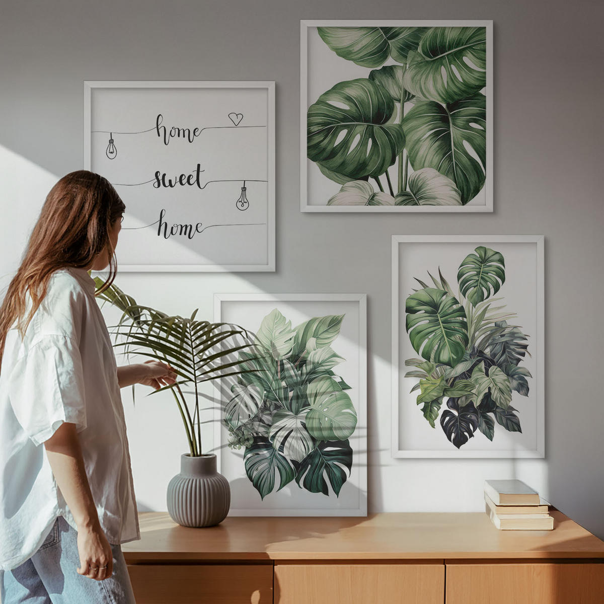 BILDER SET 4er Set - 50x50 cm & 40x60 cm Weißer Rahmen - Aquarell von grünen tropischen Blättern - Weiß, Kunststoff (50/50cm) - TULUP