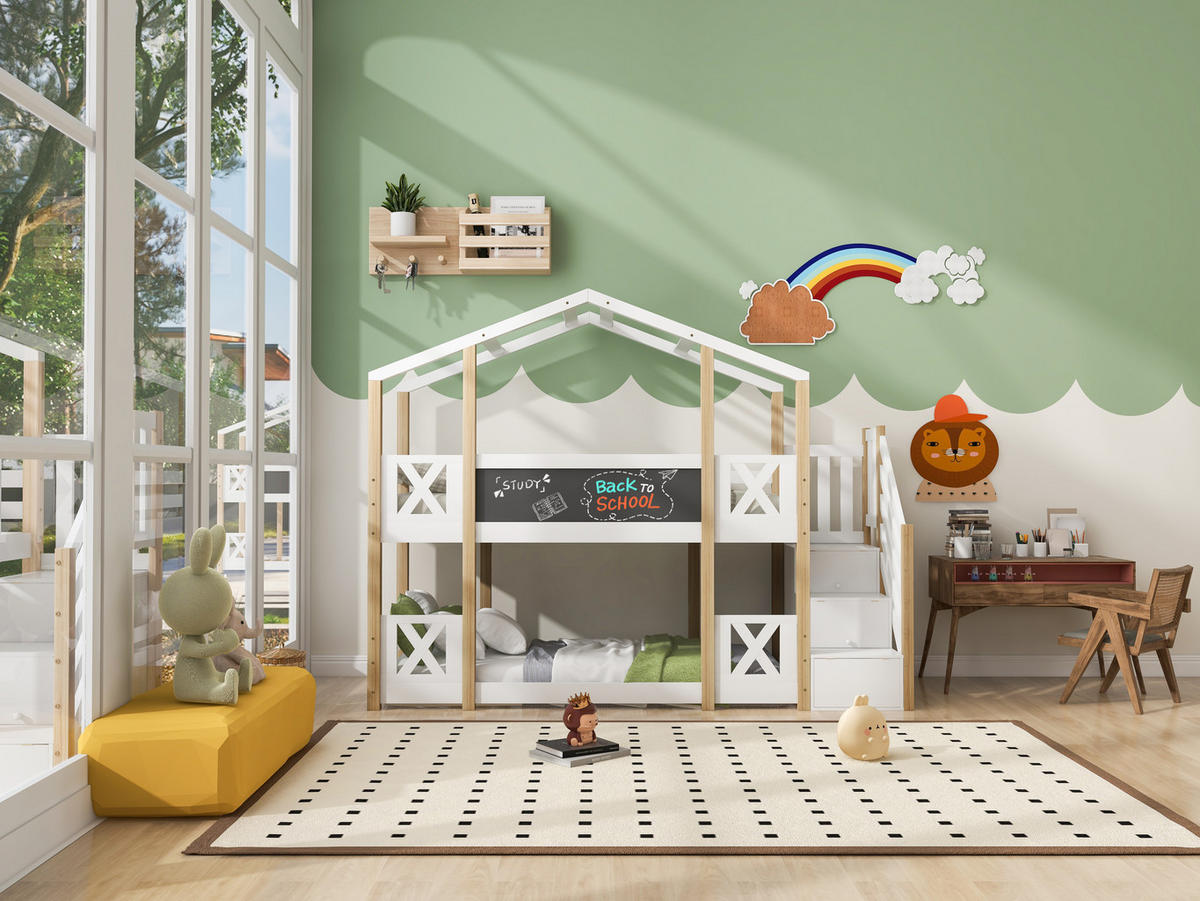 ETAGENBETT Baumhaus mit Treppe und Stauraum 90x200 cm Weiß/Natur - Weiß, Holz (90/200cm) - Meubliv