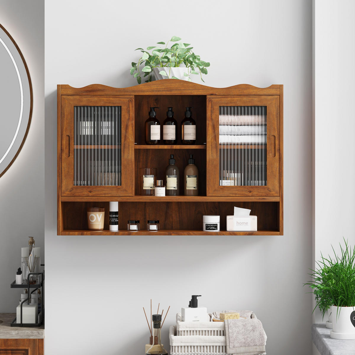 KÜCHENOBERSCHRANK 90x20x60 cm Braun aus Massivholz & Glas mit 2 Schiebetüren - Braun, Holz (90/60/20cm) - Modfu