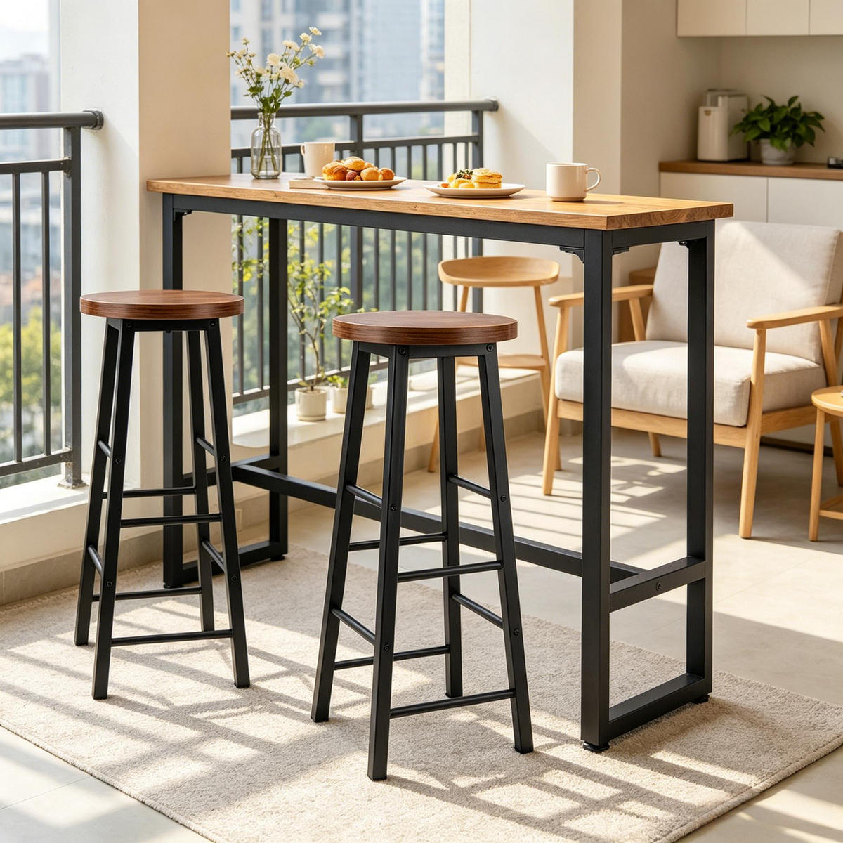 BARHOCKER 2er-Set Braun mit Fußstütze und Metallgestell - Braun, Holzwerkstoff (30/71/30cm) - PANGIVO